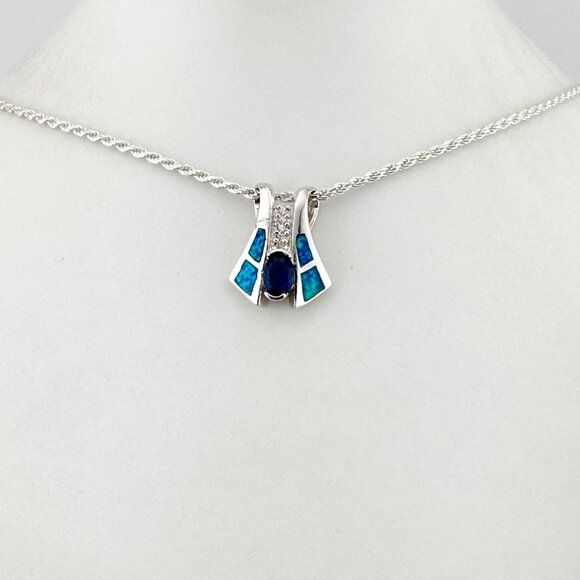 For My Love Sterling Silver Sapphire Opal Pendant 925 Silver Rope Necklace - Picture 1 of 5